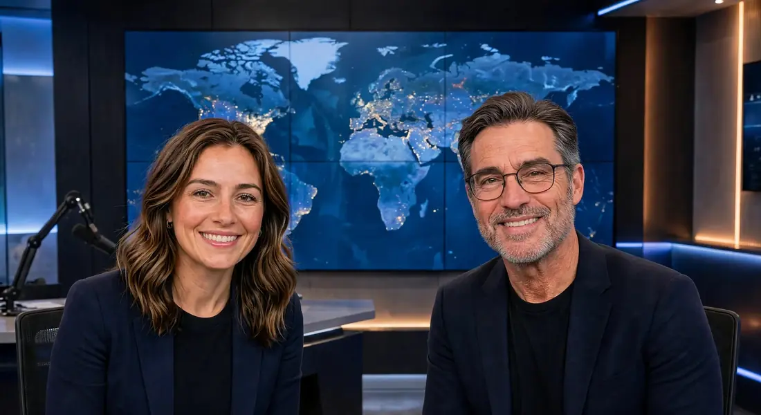Hosts Alex and Jordan at the World Briefing Room news desk